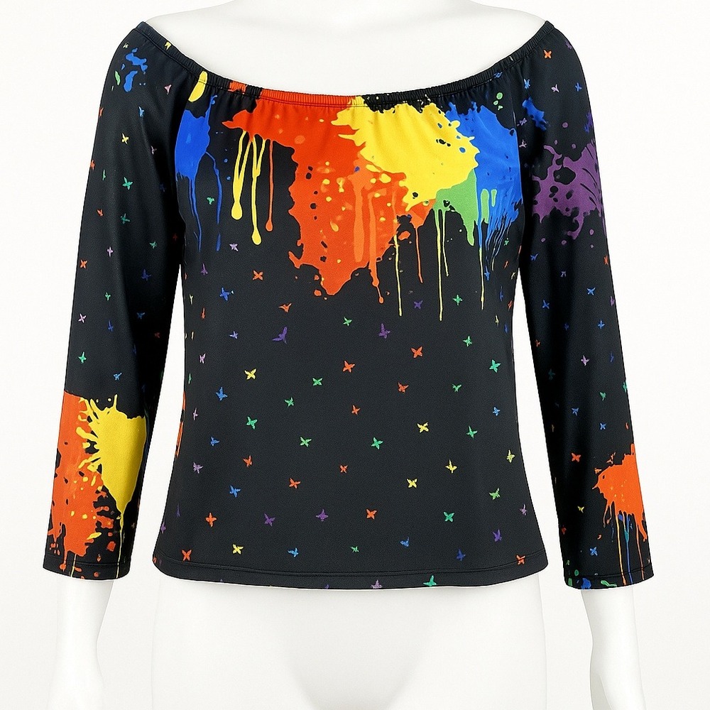 Touch Me Multicolor Paint Splash Off Shoulder Top‎ Size Large